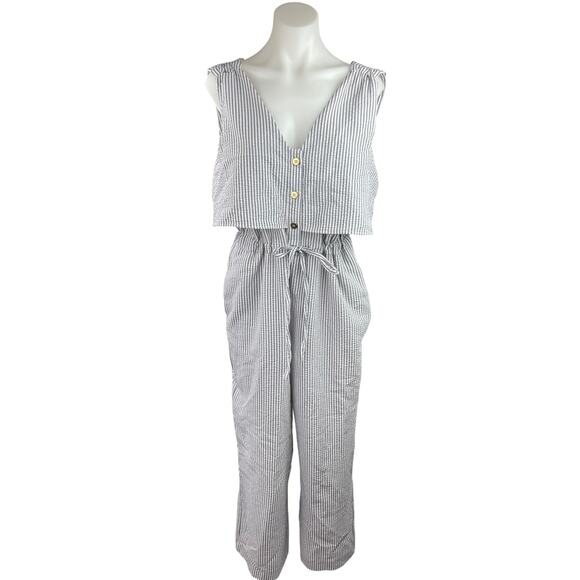 Zara Womens Blue Striped V-Neck Sleeveless Drawstring One-Piece Jumpsuit Sz M - Picture 2 of 6